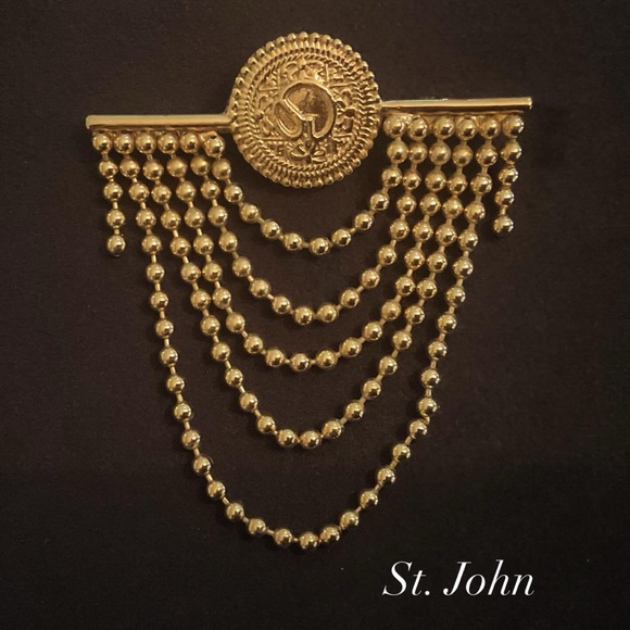 St. John Jewelry - #80 Vintage St.John Button Drop Gold Chain Pin Brooch